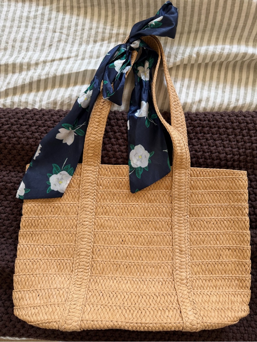 DRAPER JAMES Neutral Woven Straw Tote with Navy Floral Scarf Accent